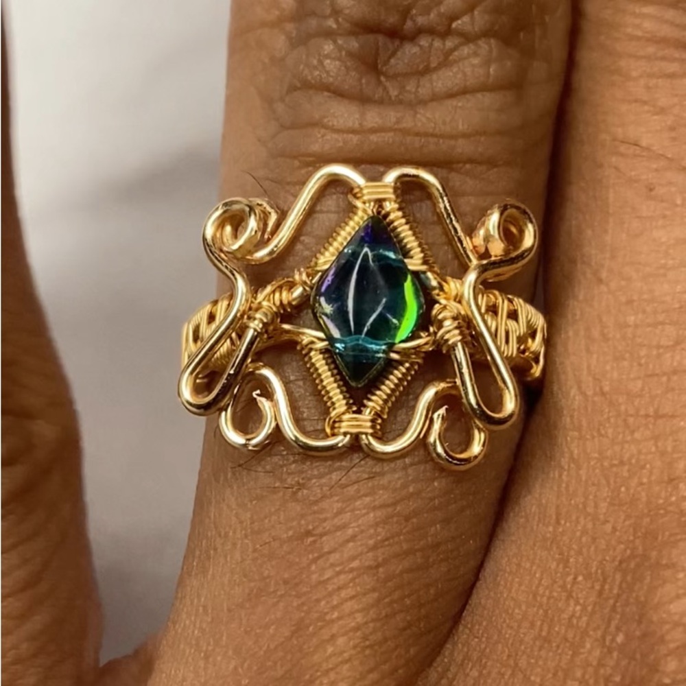 Gold Wire Wrapped Ring with Iridescent Gemstone